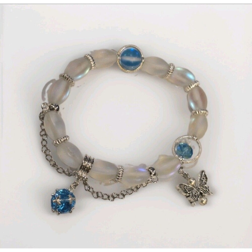 Moonstone Glass Bead Stretch Bracelet Blue Crystal Butterfly Charm Silver Tone
